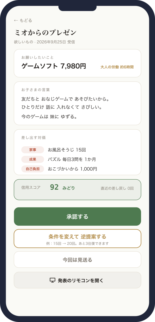 プレゼンの判定画面。子どもの言葉と差し出す対価、信用スコアが並ぶ